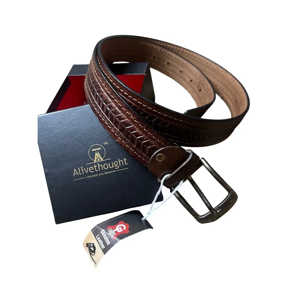 Alivethought Mens Brown Genuine Leather Belt Embossed Chevron Stitched 47 Inch